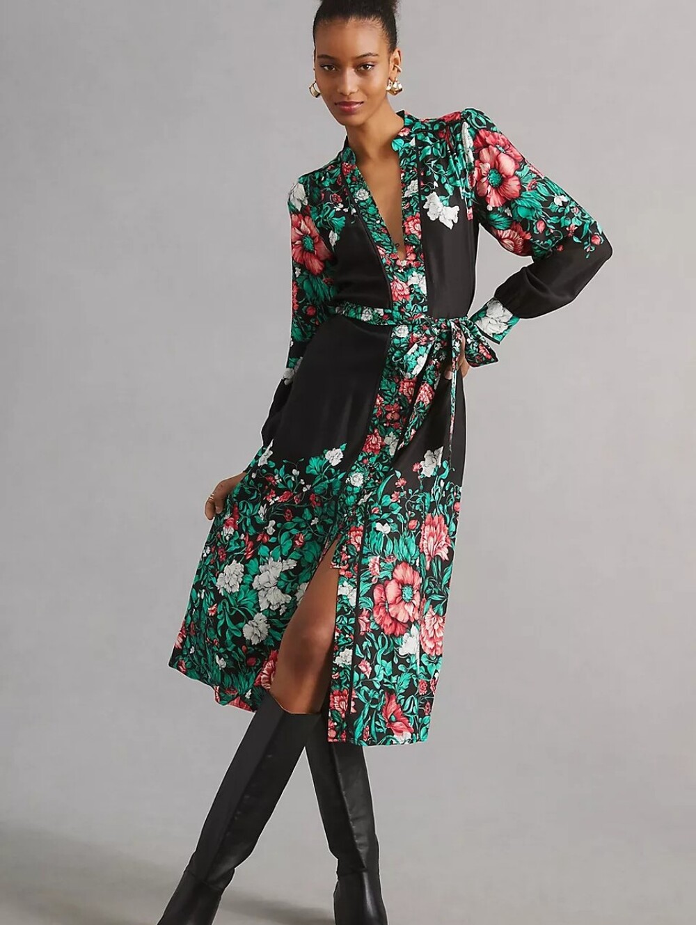 By Anthropologie Black Floral Midi Shirt Dress